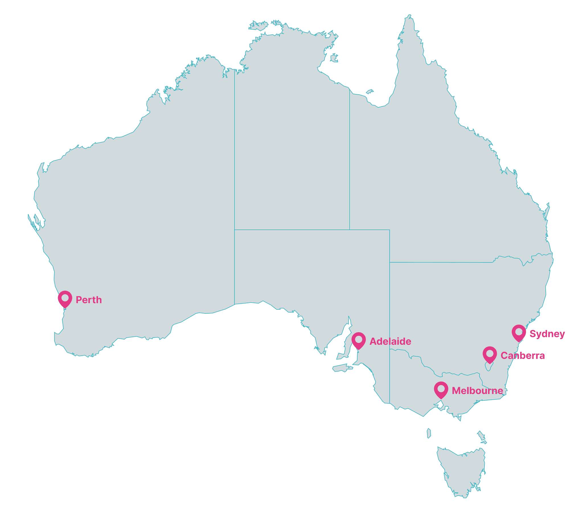 Map of Australia highlighting the Sydney, canberra, Adelaide, Perth Region